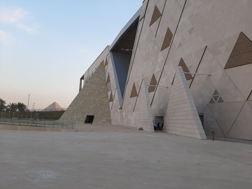 The Grand Egyptian Museum with the Cheop's pyramid in the background.